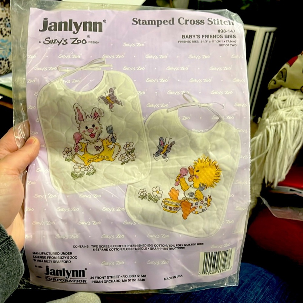 New, Stamped Cross-Stitch Kit, Baby Bibs Embroidery, Suzy’s School, Bird, Bunny